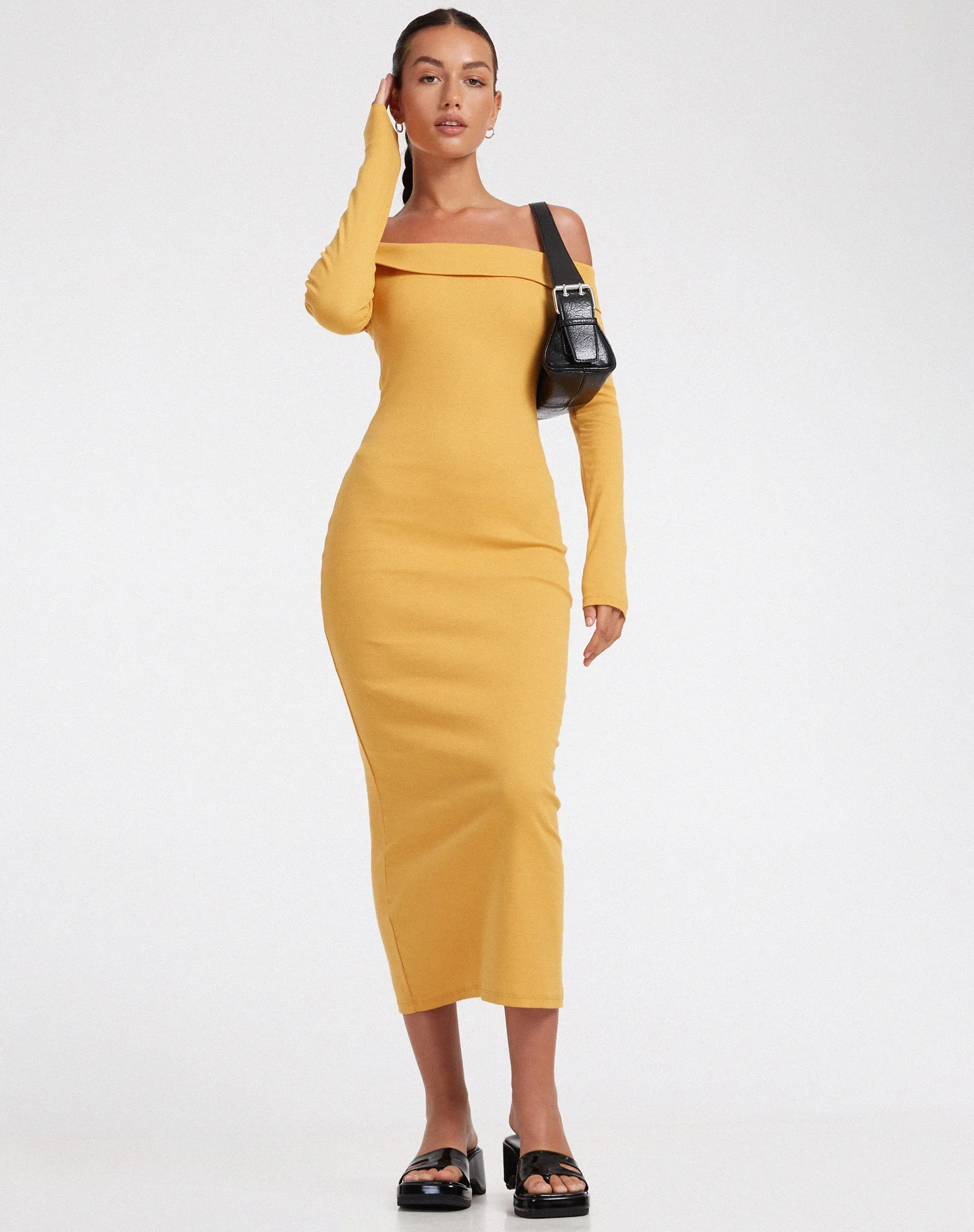 Shiloh Long Sleeve Dress in Rib Yolk Yellow sold by Motel Rocks