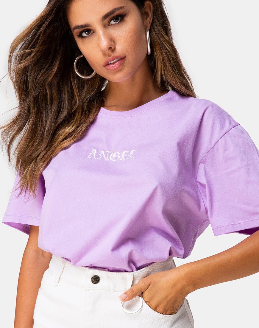 Oversize Basic Tee in Lilac with Angel Embro sold by Motel Rocks