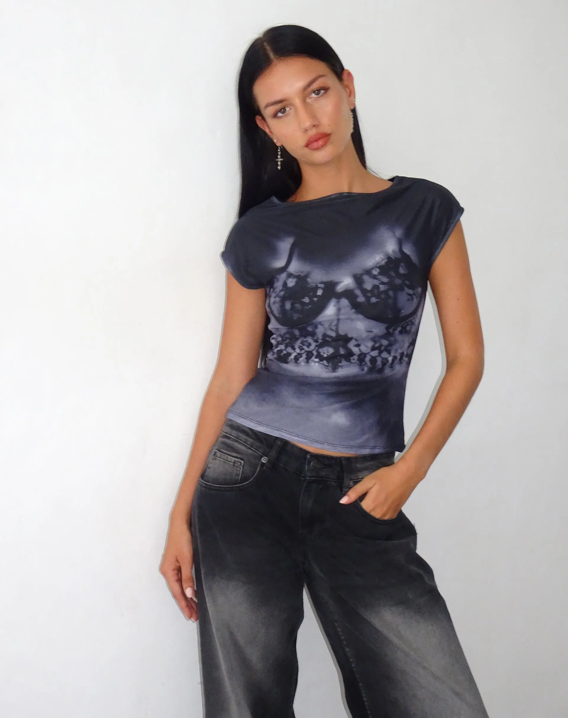 Nova Top with Lace Scan Motif in Black sold by Motel Rocks