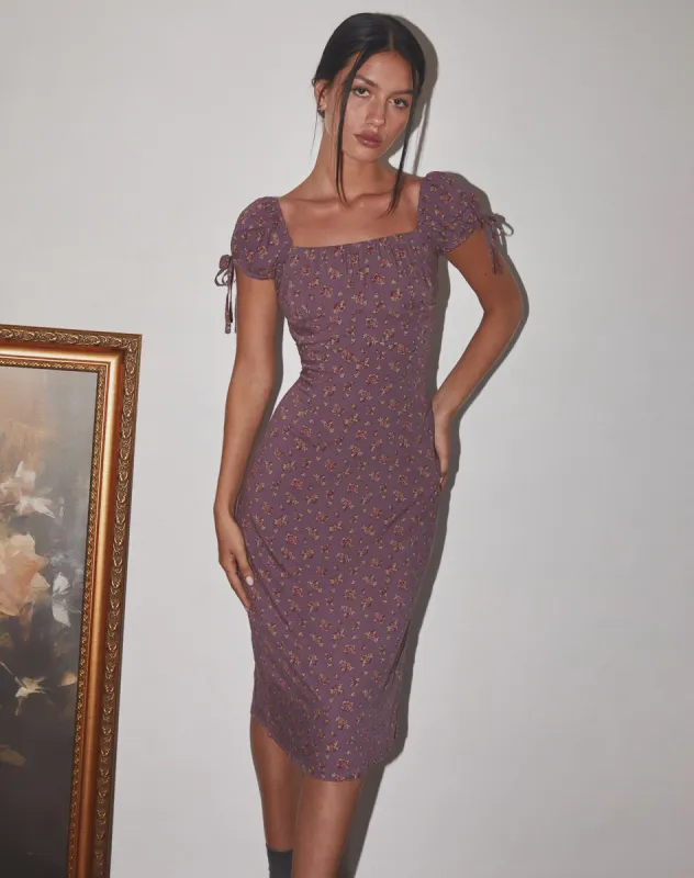 Rachana Midi Dress in Flowing Rose Deep Purple sold by Motel Rocks