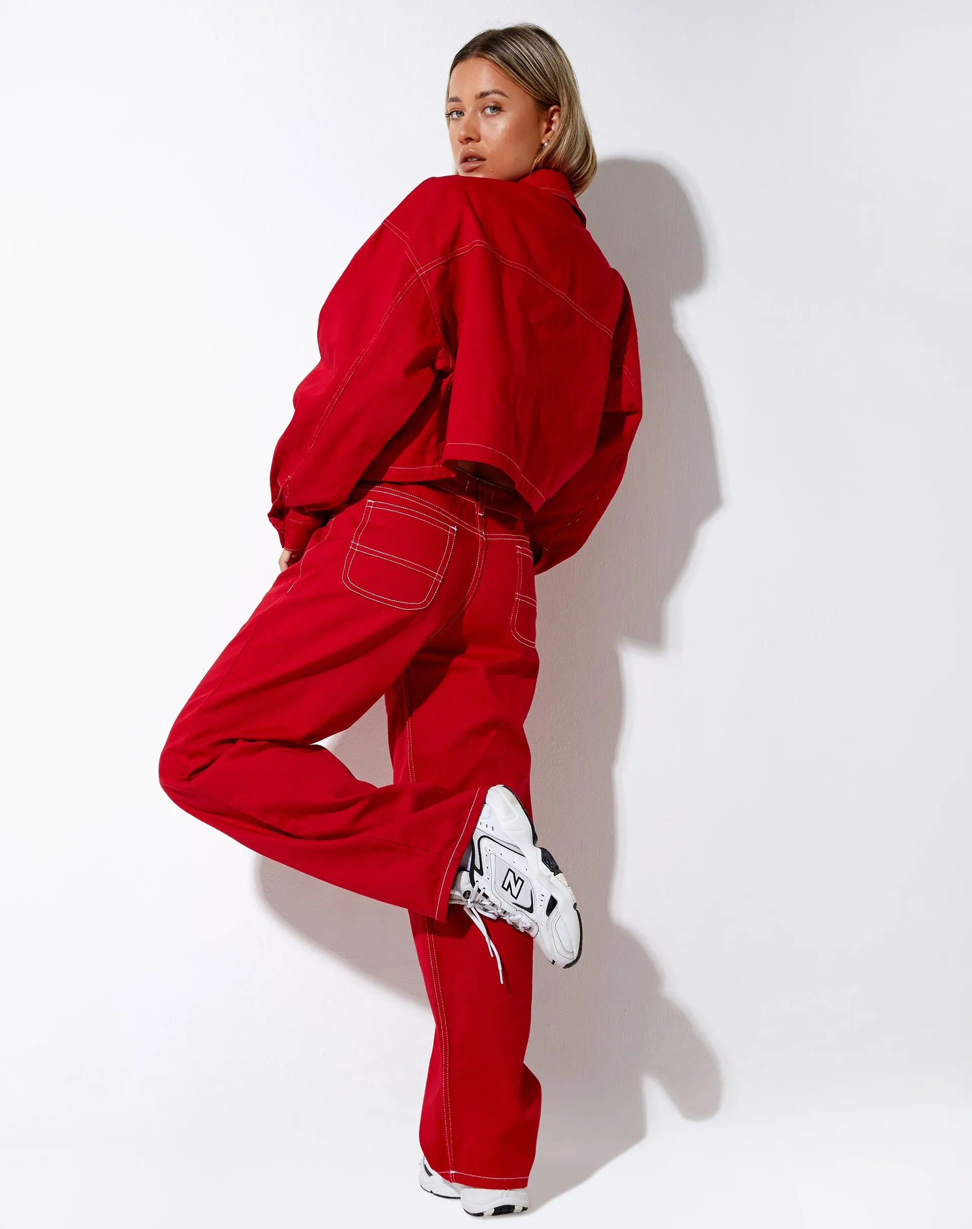 Boxy Denim Jacket in Racing Red with White Stitch sold by Motel Rocks product image thumbnail 5