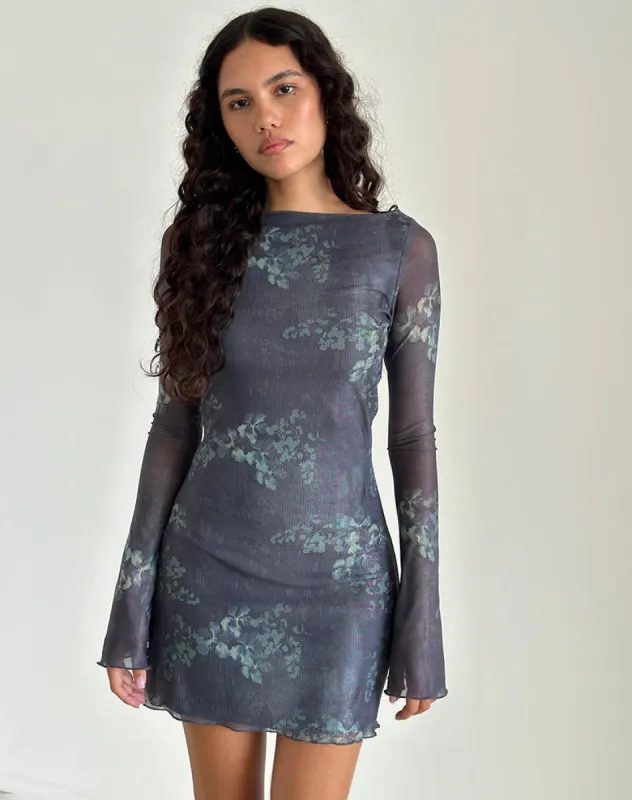 Sevila Long Sleeve Mini Dress in Faded Botanical Green sold by Motel Rocks