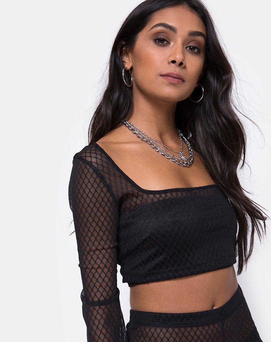 Boneta Crop Top in Black Fishnet sold by Motel Rocks
