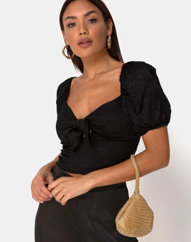 Romanza Top in Satin Cheetah Black sold by Motel Rocks