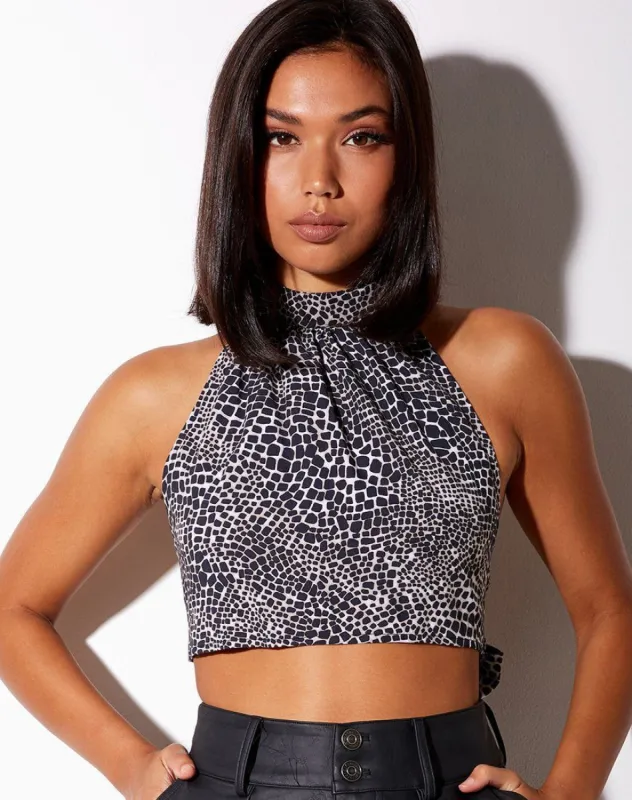 Noela Backless Top in Abstract Croc Black sold by Motel Rocks