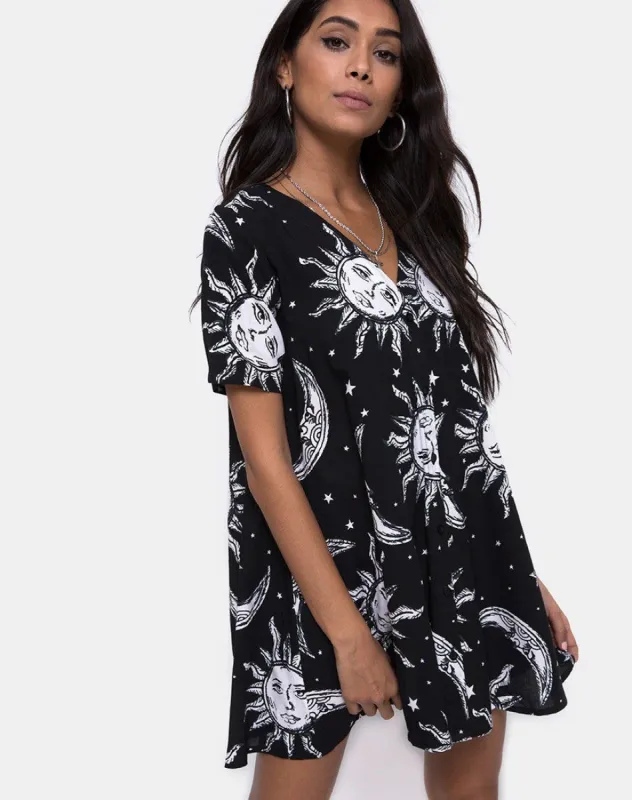 Crosena Swing Dress in Oversize Sun Moon and Stars made by Motel Rocks