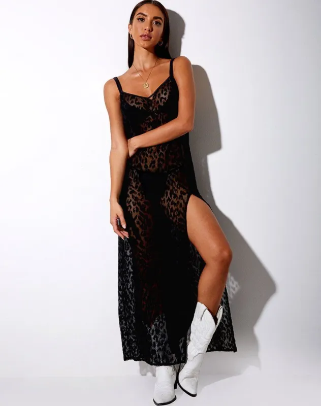 Batis Maxi Dress in Animal Black Net sold by Motel Rocks