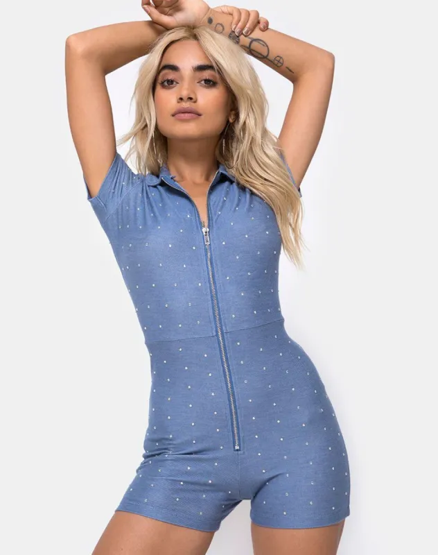 Kajoon Playsuit in Blue Denim Hot Fix sold by Motel Rocks