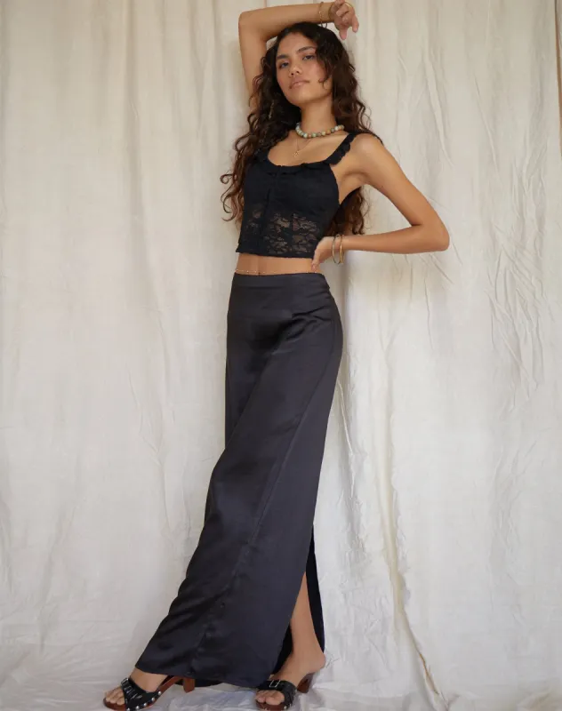 Layla Maxi Skirt in Satin Black sold by Motel Rocks