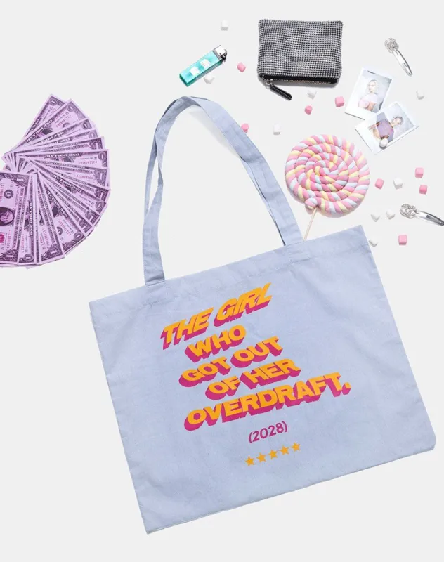 Tote Bag in Soft Blue with Overdraft Text Text  X Top Girl sold by Motel Rocks