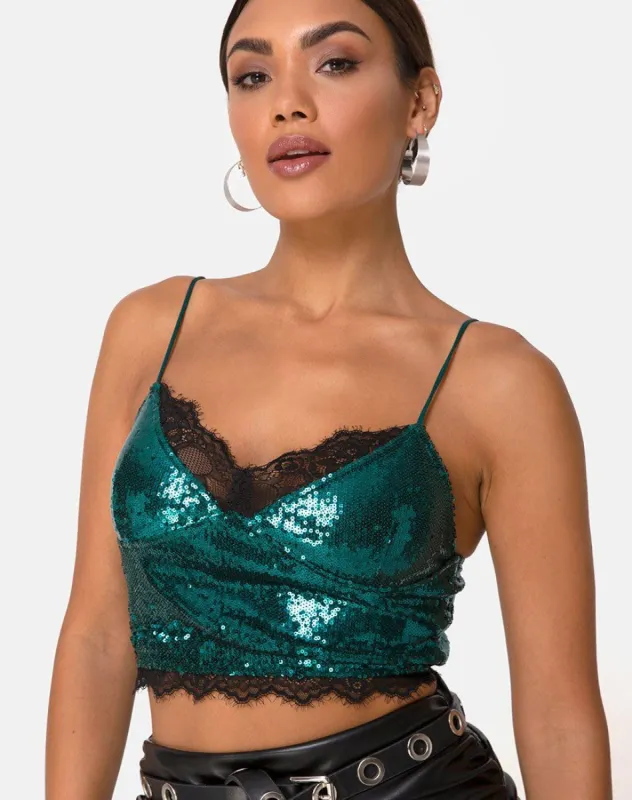 Drilly Top in Teal Mini Sequin With Black Lace sold by Motel Rocks