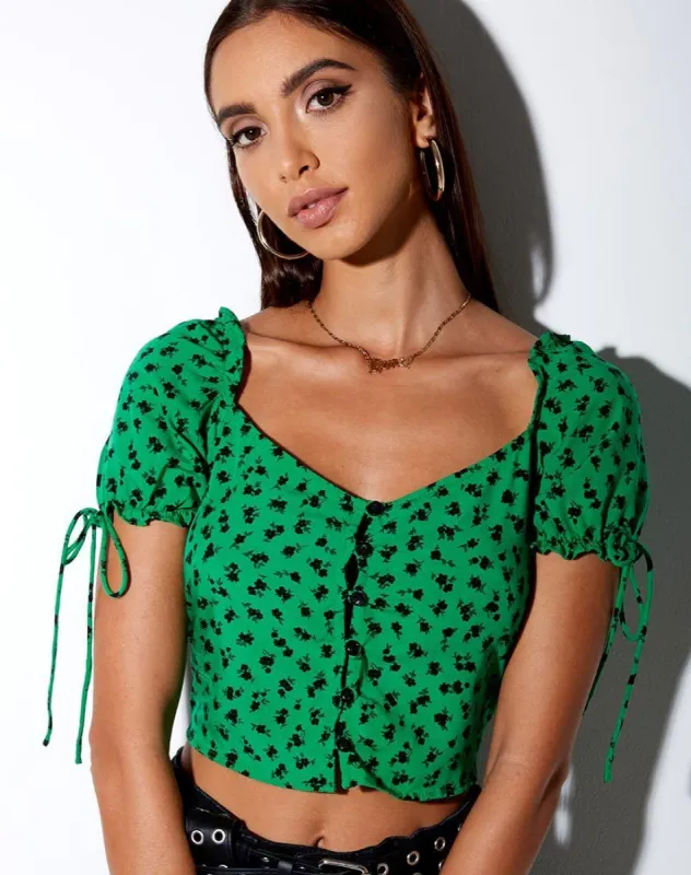 Flaba Top in Dainty Daisy Green sold by Motel Rocks