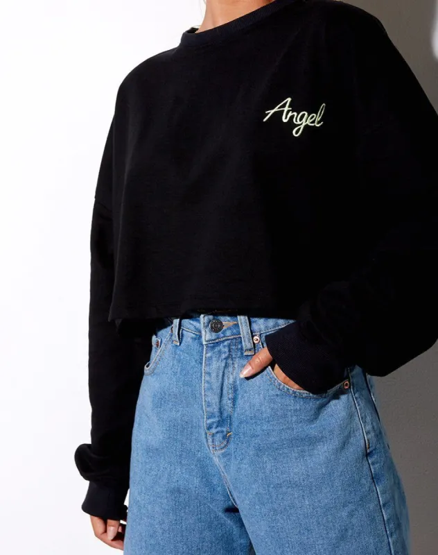 Fawly Crop Top in Black 'Angel' Embro in Neon Green sold by Motel Rocks