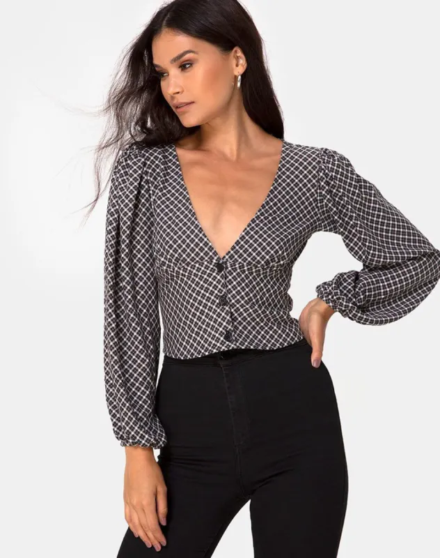 Roma Long Sleeve Top in Check It Out Black sold by Motel Rocks