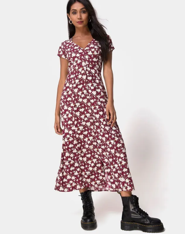 Sanrin Midi Dress in Wild Fleur Maroon sold by Motel Rocks