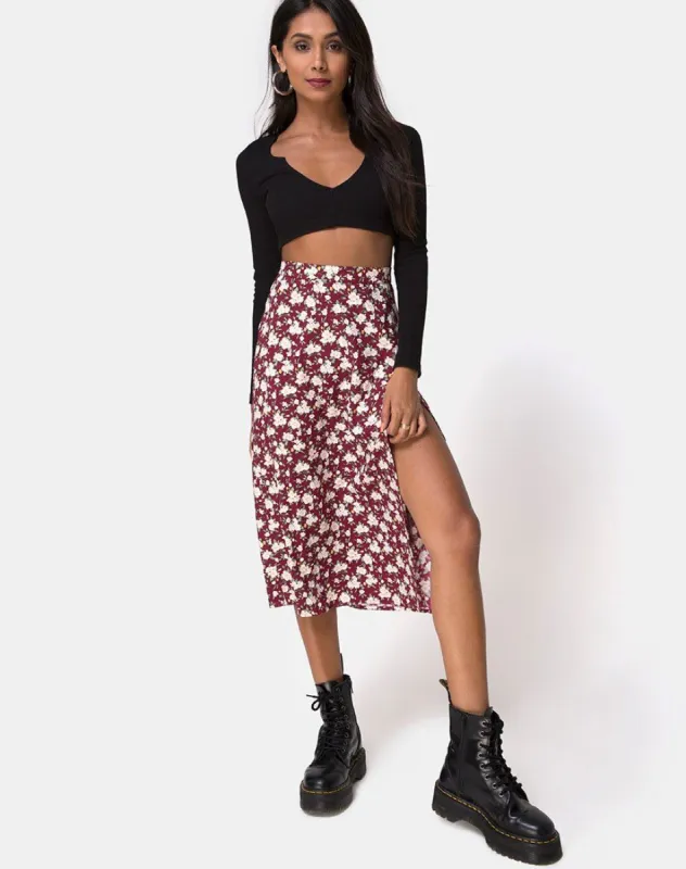 Saika Midi Skirt in Wild Fleur Maroon sold by Motel Rocks