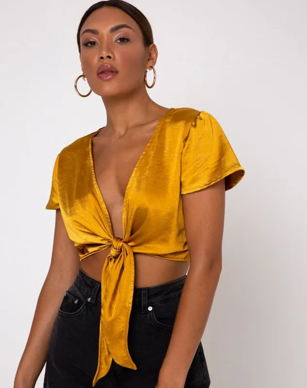Shaera Crop Top in Satin Turmeric sold by Motel Rocks