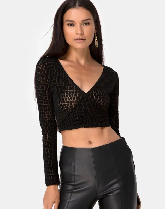 Kayak Wrap Top in Croc Flock Black sold by Motel Rocks