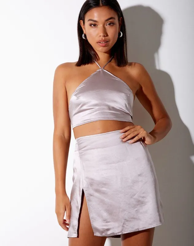 Shenka Mini Skirt in Satin Silver Grey sold by Motel Rocks