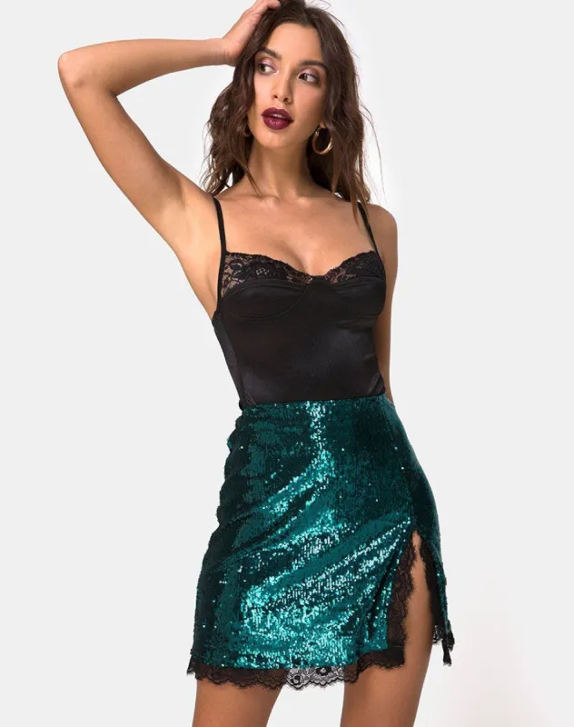 Lena Skirt in Mini Sequin Teal with Black Lace sold by Motel Rocks