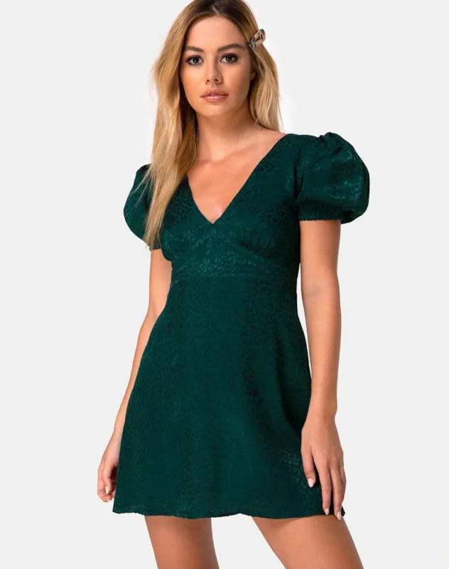 Elfy Mini Dress in Satin Cheetah Forest Green sold by Motel Rocks