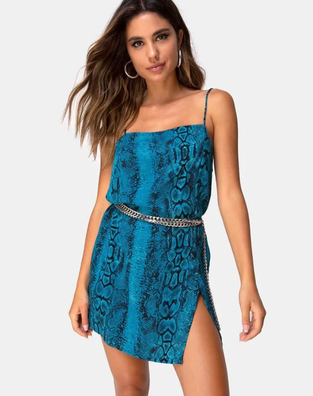 Datista Slip Dress in Snake Blue sold by Motel Rocks