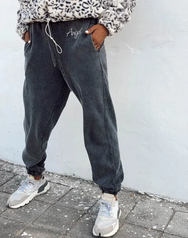 Basta Jogger in Acid Washed Black with "Angel" Embro sold by Motel Rocks