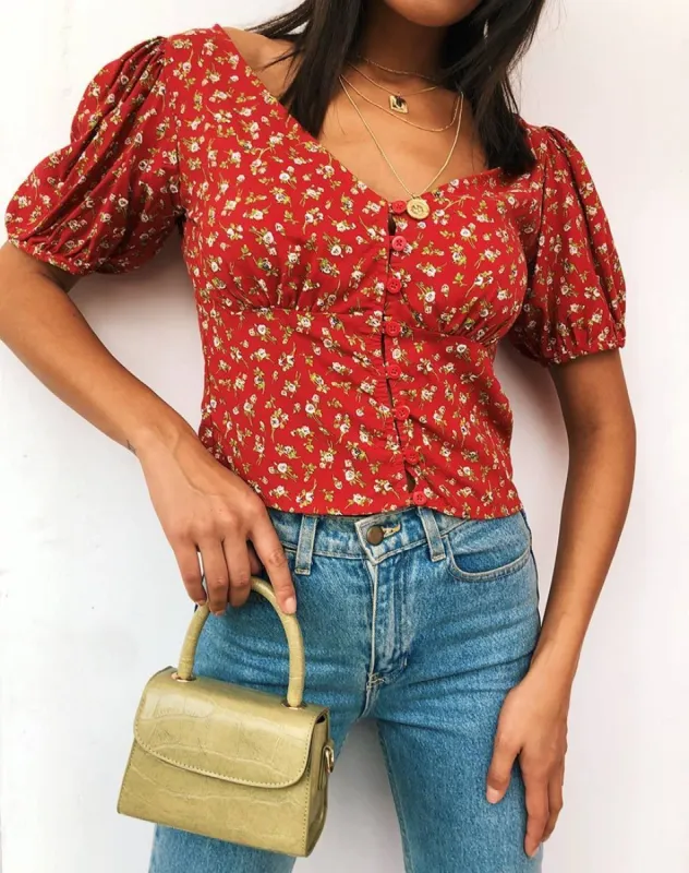 Moria Top in Falling For You Floral Red sold by Motel Rocks