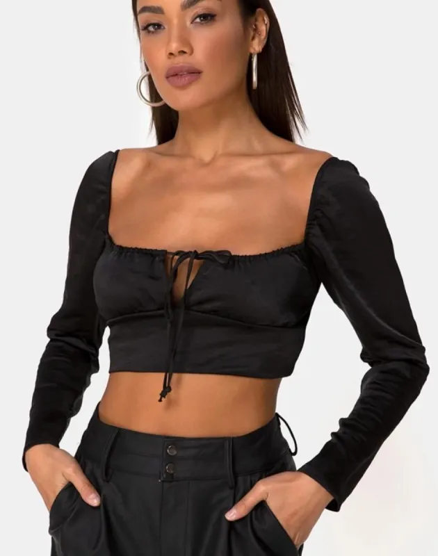 Laman Crop Top in Satin Black sold by Motel Rocks
