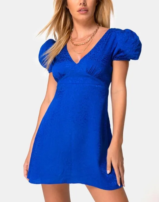 Elfy Mini Dress in Satin Cheetah Royal Blue sold by Motel Rocks