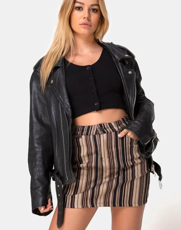 Mini Broomy Skirt in Mix Stripe Brown sold by Motel Rocks