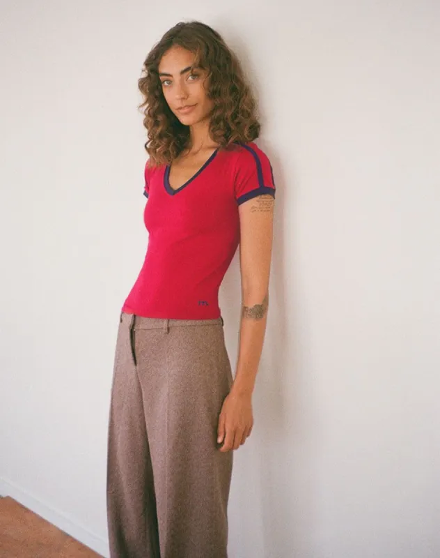 Izolde Baby Tee in Adrenalin Red with Navy Binding and M Embroidery sold by Motel Rocks