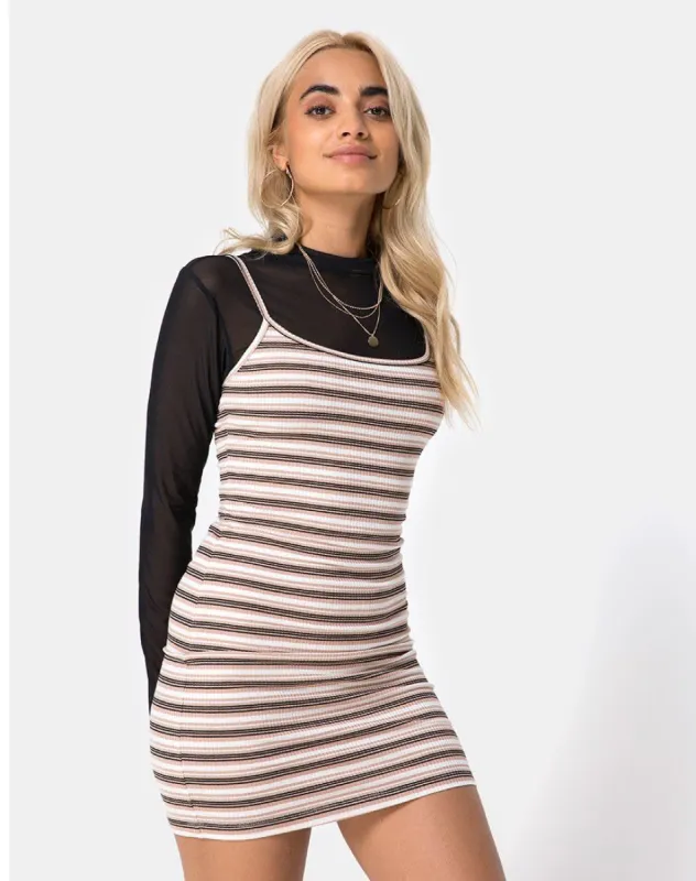 Saleh Bodycon Dress in Rib Stripe Cream Black and Tan sold by Motel Rocks