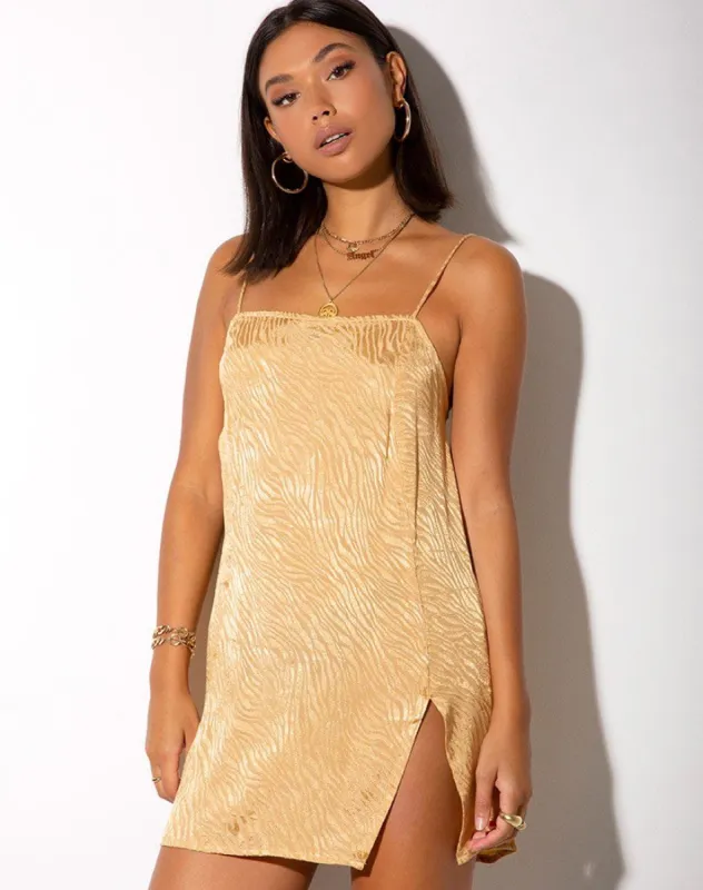 Datista Dress in Satin Zebra Caramel sold by Motel Rocks
