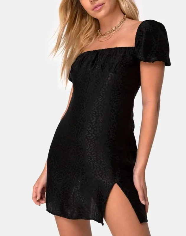 Lonma Mini Dress in Satin Cheetah Black sold by Motel Rocks