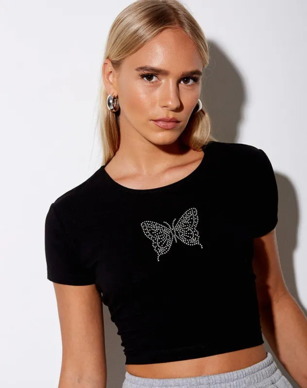Tiney Crop Tee in Black Butterfly Hotfix sold by Motel Rocks