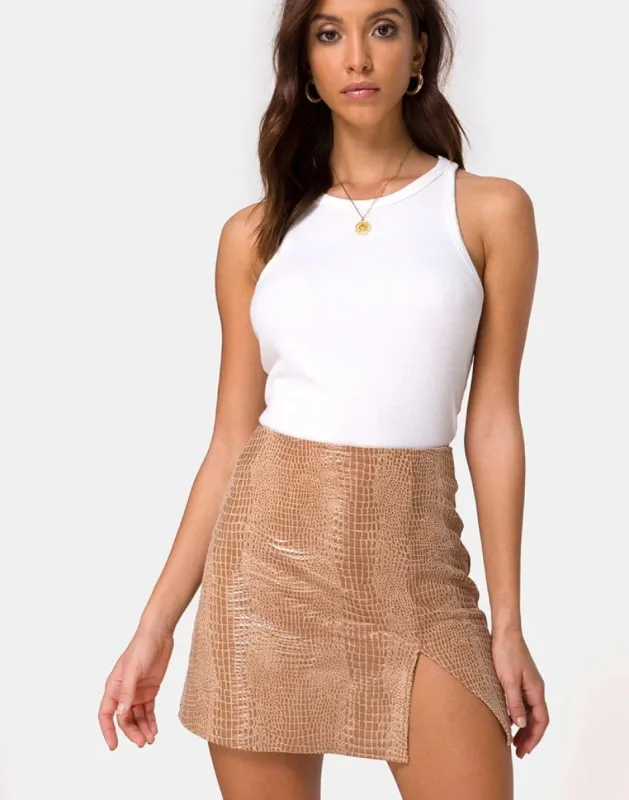 Wren Mini Skirt in PU Snake Tan sold by Motel Rocks