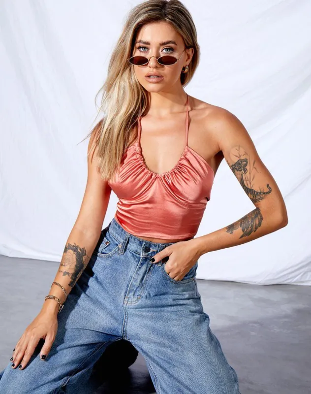 Haltri Crop Top in Satin Coral sold by Motel Rocks