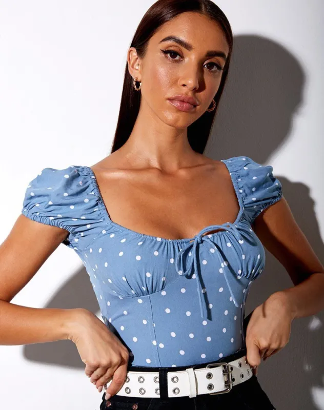 Mazu Crop Top in Skater Polka Blue sold by Motel Rocks