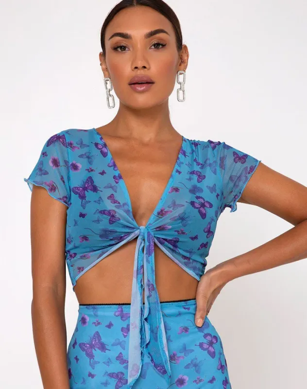 Blaza Crop Top in Mesh Butterfly Azure sold by Motel Rocks