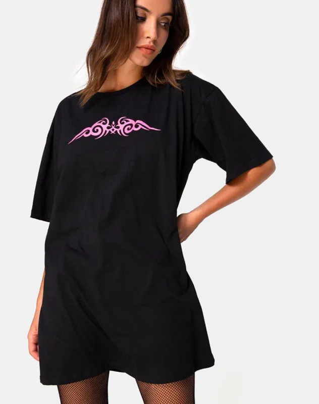 Sunny Kiss Oversize Tee in Black with Pink Tribal sold by Motel Rocks