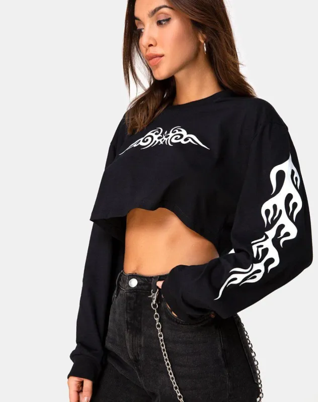 Gocea Crop Top in Black with White Tribal sold by Motel Rocks