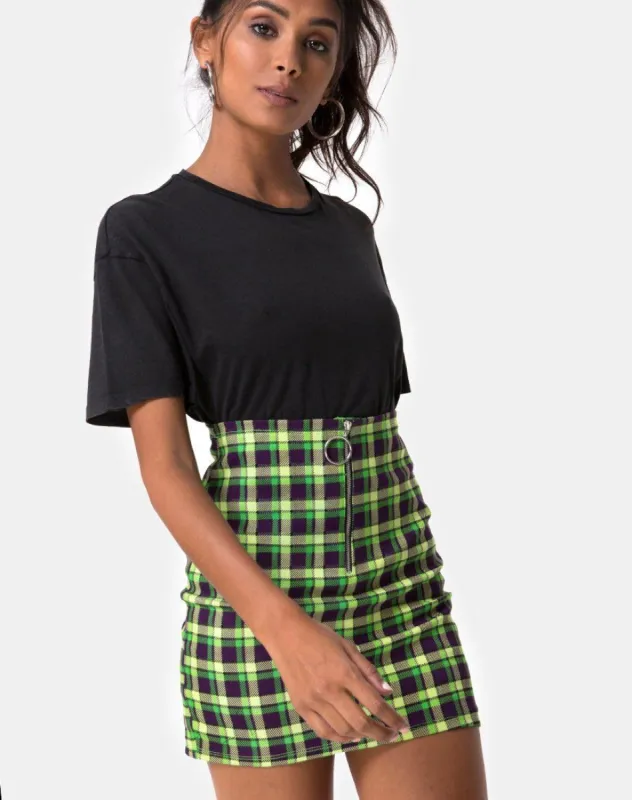 Kimber Bodycon skirt in Green and Purple Check sold by Motel Rocks