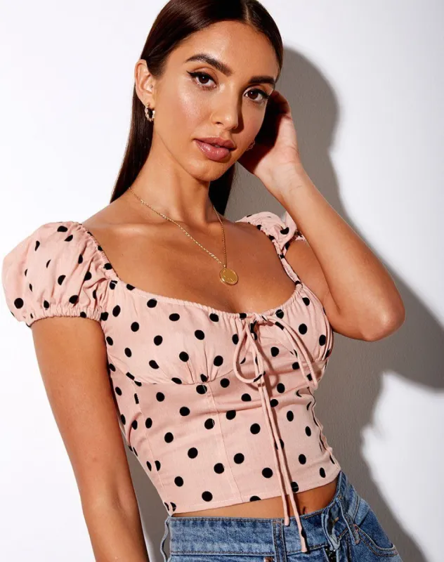 Mazu Crop Top in New Polka Nude Black sold by Motel Rocks