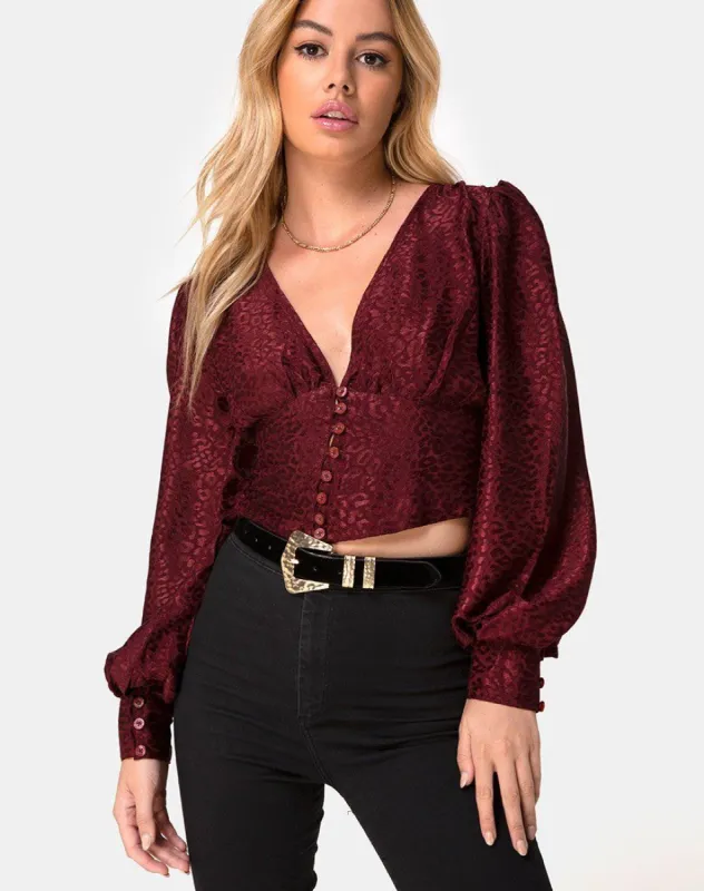 Bina Crop Top in Satin Cheetah Burgundy sold by Motel Rocks