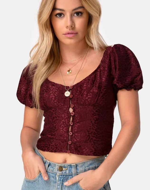 Monda Top in Satin Cheetah Burgundy sold by Motel Rocks