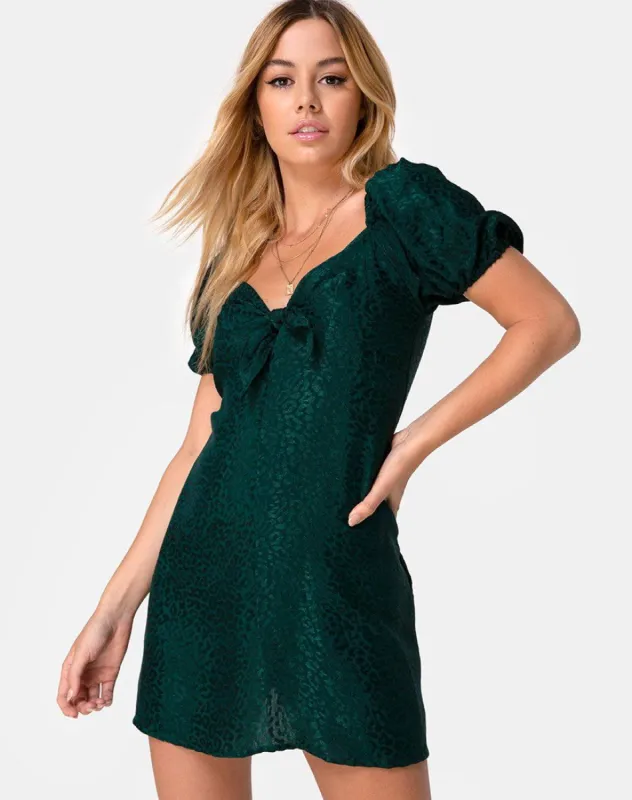 Ropelle Dress in Satin Cheetah Forest Green sold by Motel Rocks