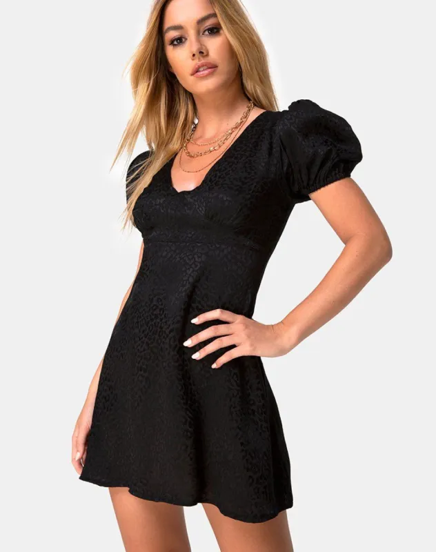 Elfy Mini Dress in Satin Cheetah Black sold by Motel Rocks