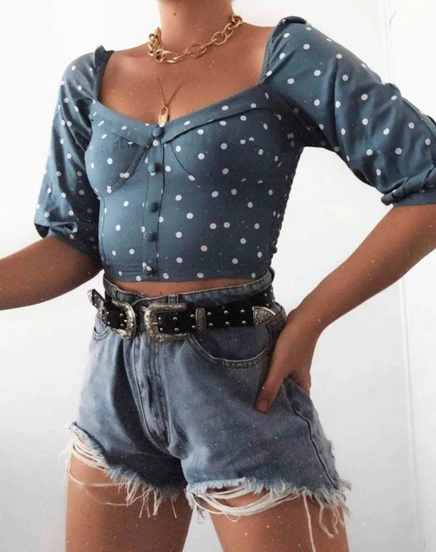 Flory Crop Top in Skater Polka Blue sold by Motel Rocks
