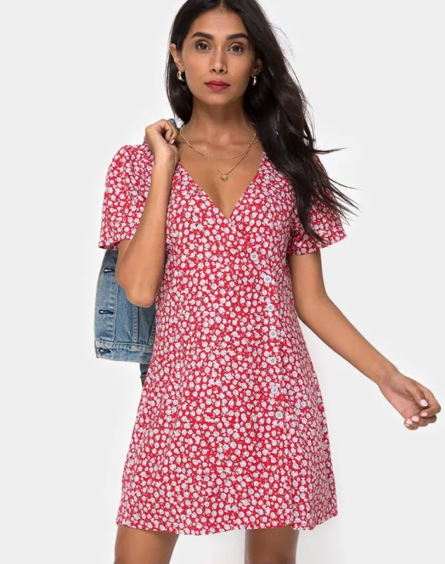 Kalea Dress in Ditsy Rose Red and Silver sold by Motel Rocks